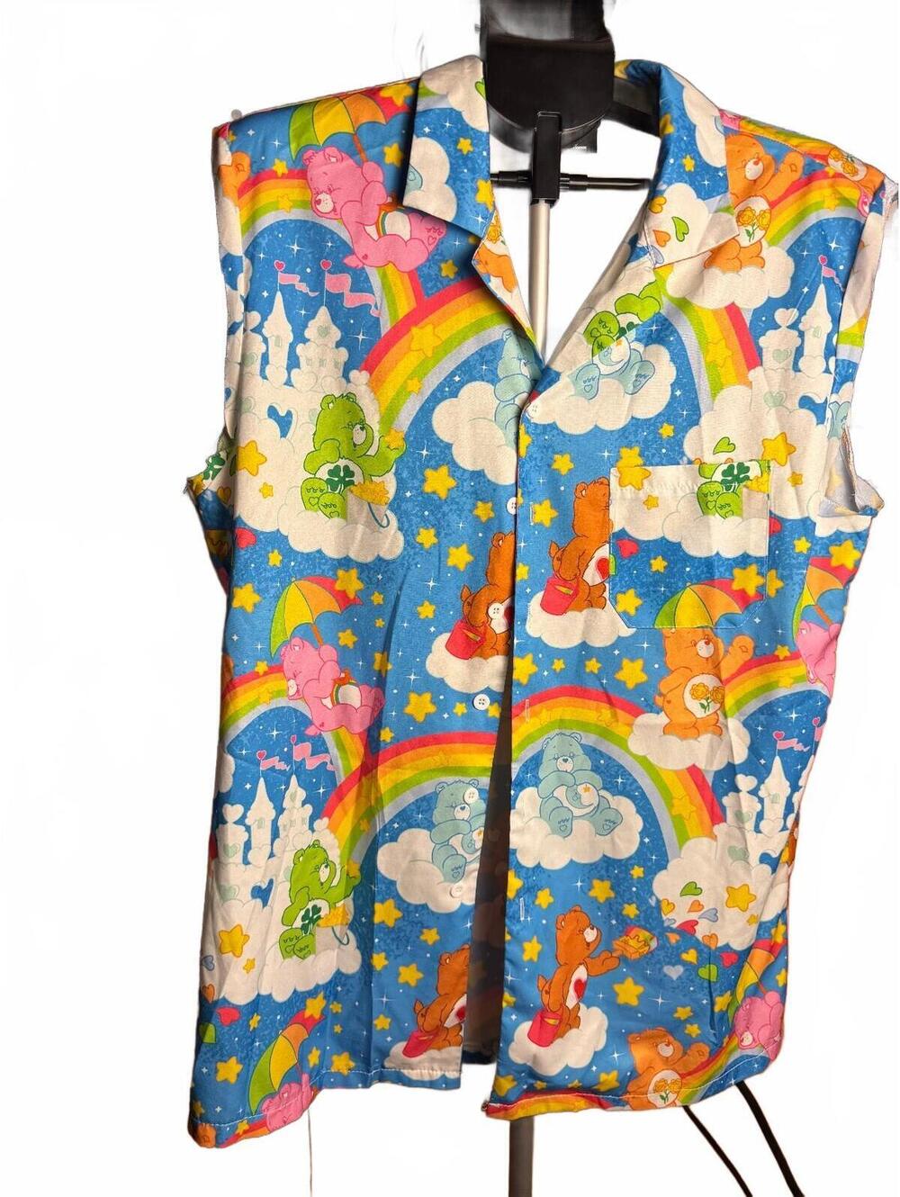Romwe Care Bears Sleeveless Button Up Shirt sz XL Rainbow